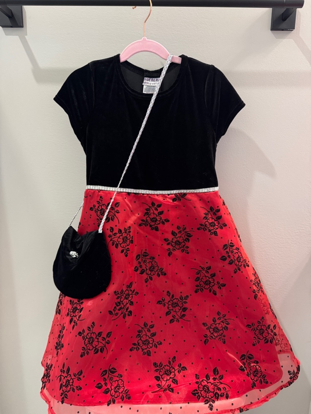 Blueberi Boulevard Black and Red Girls' Floral Velvet Bodice Dress